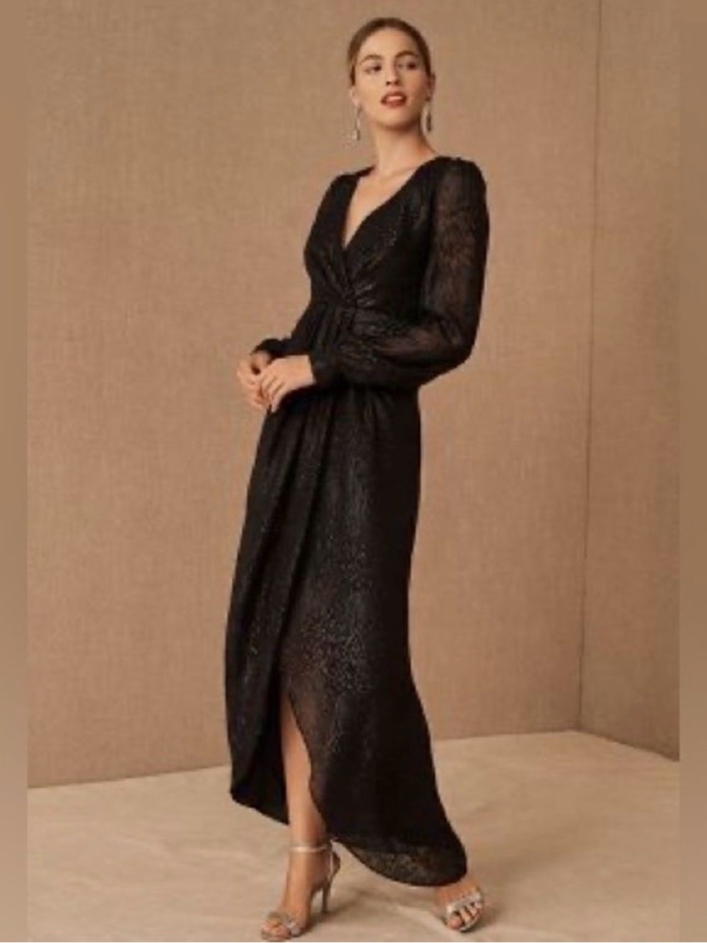 BHLDN for Anthro- Blue Shimmer Long Sleeve High-Low V-Neck Dress, size 4